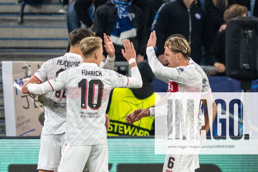 VFB STUTTGART players a goal celebrates during UEFA Champions league match , SK Slovan Bratislava - VFB Stuttgart , 14. october 2026, Tehelne pole Stadium, Bratislava, Slovakia