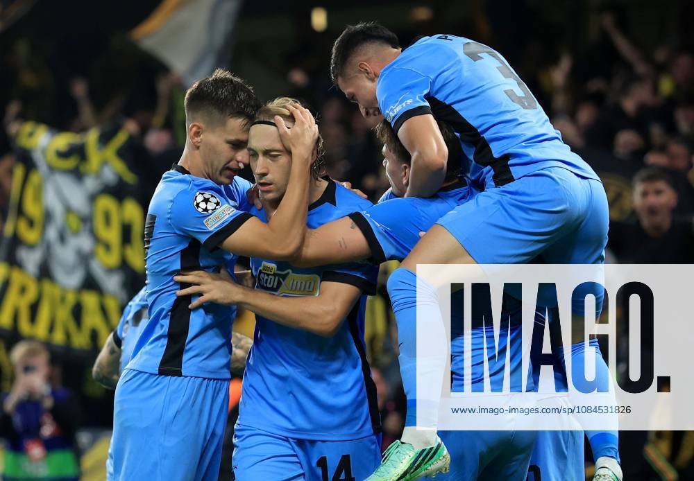 Lovro Majer of AEK Athens (centre left) celebrates scoring their side s first goal of the game Shakhtar Donetsk v AEK, UEFA Champions League, Football, Stamford Bridge, London, UK - 14 Oct 2026London Stamford Bridge United Kingdom