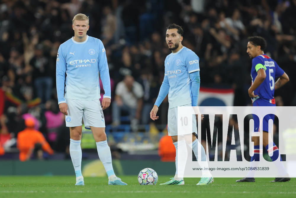 Manchester City v Paris Saint-Germain - UEFA Champions League 2026 27 League Phase MD2 Erling Haaland and Rayan Cherki of Manchester City wait to kick off after going 2 down during the UEFA Champions League 2026 27 League Phase MD2 match between Manchester City and Paris Saint-Germain at City of Manchester Stadium on October 14, 2026 in Manchester, England. Manchester City of Manchester Stadium England United Kingdom