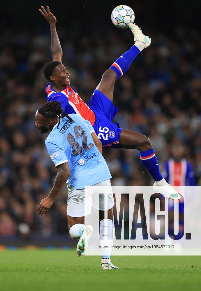 Manchester City v Paris Saint-Germain 14th October 2026 - UEFA Champions League - League Phase - Manchester City v Paris Saint-Germain - Nuno Mendes of Paris Saint-Germain and Antoine Semenyo of Manchester City - Photo: Simon Stacpoole Offside. Manchester UK