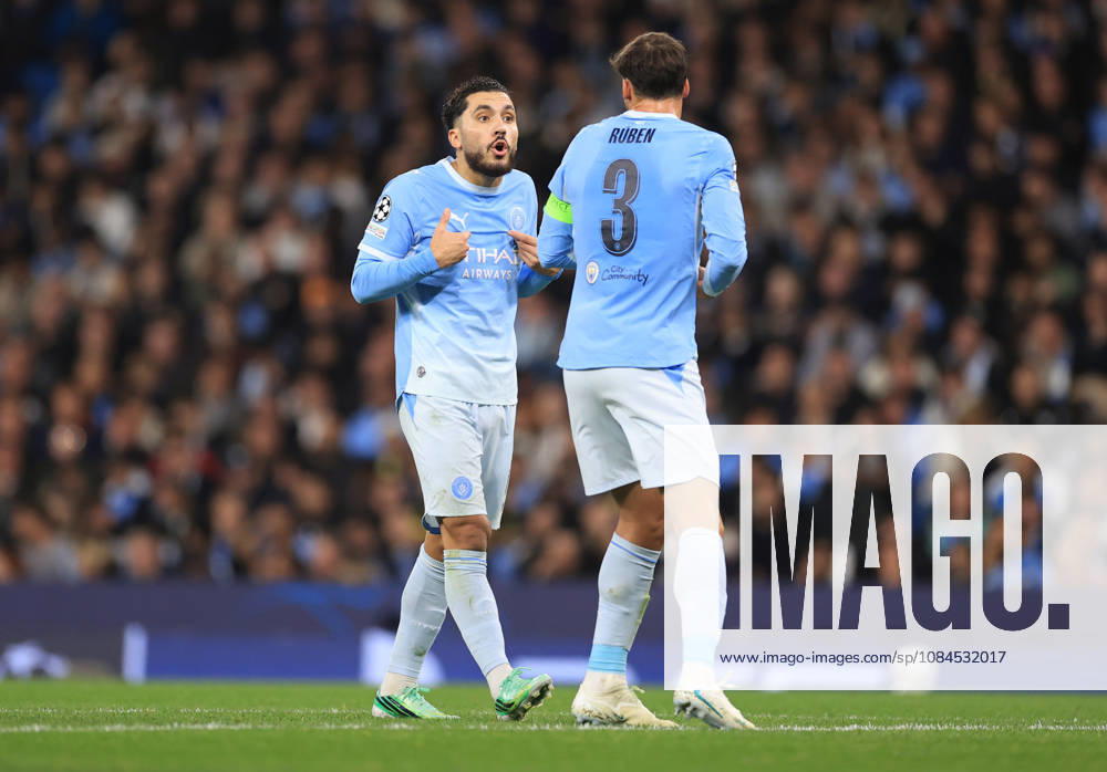Manchester City v Paris Saint-Germain 14th October 2026 - UEFA Champions League - League Phase - Manchester City v Paris Saint-Germain - Rayan Cherki of Manchester City speaks with Ruben Dias - Photo: Simon Stacpoole Offside. Manchester UK