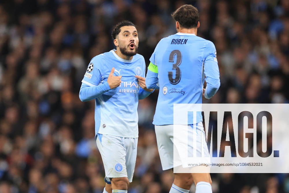 Manchester City v Paris Saint-Germain 14th October 2026 - UEFA Champions League - League Phase - Manchester City v Paris Saint-Germain - Rayan Cherki of Manchester City speaks with Ruben Dias - Photo: Simon Stacpoole Offside. Manchester UK