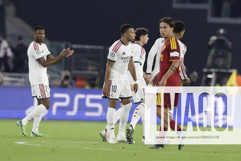 UEFA Champions League AS Roma vs Real Madrid Real Madrid s French forward Kylian Mbappe celebrates after scoring a goal of 1-1 during UEFA Champions League match between AS Roma vs Real Madrid at Olimpico stadium on October 14, 2026 in Rome, Italy. _BPH3207