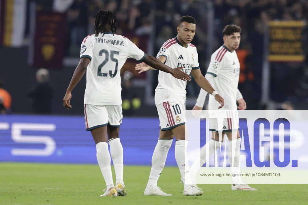 UEFA Champions League AS Roma vs Real Madrid Real Madrid s French forward Kylian Mbappe celebrates after scoring a goal of 1-1 during UEFA Champions League match between AS Roma vs Real Madrid at Olimpico stadium on October 14, 2026 in Rome, Italy. _BPH3238