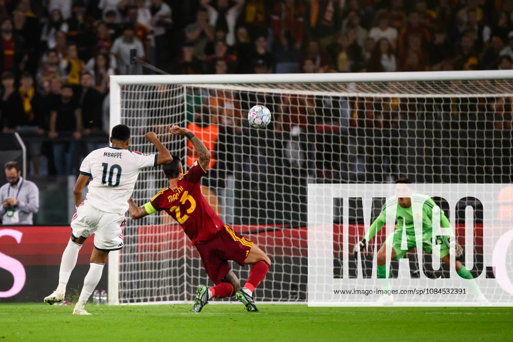 Kylian Mbappe of Real Madrid scores the goal of 1-1 during the UEFA Champions League 2026 2027 football match between AS Roma and Real Madrid at Stadio Olimpico in Rome (Italy), October 14, 2026. AndreaxStaccioli