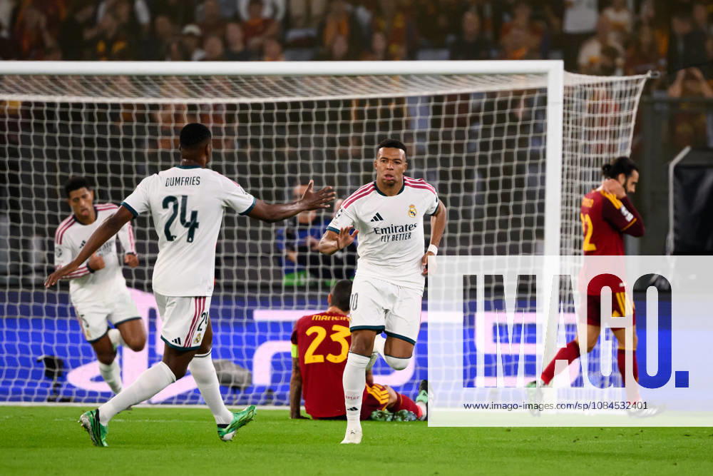 Kylian Mbappe of Real Madrid celebrates with Denzel Dumfries after scoring the goal of 1-1 during the UEFA Champions League 2026 2027 football match between AS Roma and Real Madrid at Stadio Olimpico in Rome (Italy), October 14, 2026. AndreaxStaccioli
