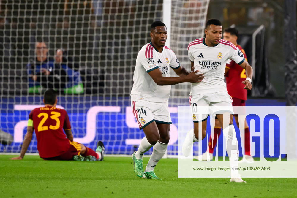 Kylian Mbappe of Real Madrid celebrates with Denzel Dumfries after scoring the goal of 1-1 during the UEFA Champions League 2026 2027 football match between AS Roma and Real Madrid at Stadio Olimpico in Rome (Italy), October 14, 2026. AndreaxStaccioli