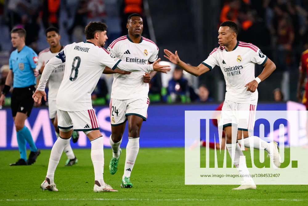 Kylian Mbappe of Real Madrid celebrates with team mates after scoring the goal of 1-1 during the UEFA Champions League 2026 2027 football match between AS Roma and Real Madrid at Stadio Olimpico in Rome (Italy), October 14, 2026. AndreaxStaccioli
