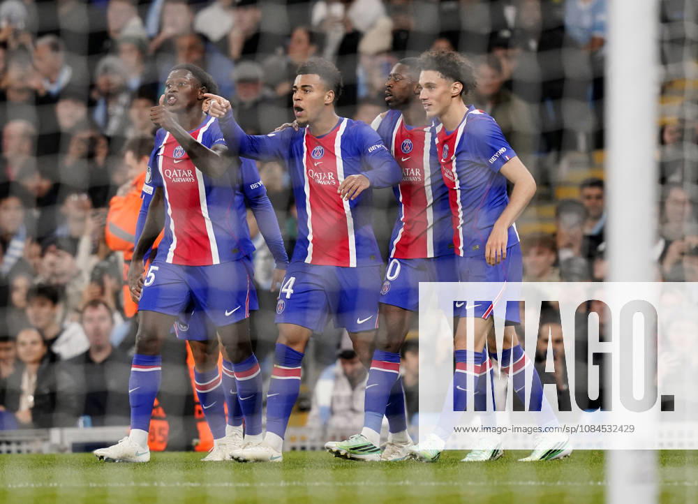 Manchester, England, 14th October 2026. Desire Doue of Paris Saint-Germain goal celebration during the Manchester City vs Paris Saint Germain UEFA Champions League match at the Etihad Stadium, Manchester. Picture credit should read: Andrew Yates Sportimage . SPI_031_AY_Man_City_PSG SPI-5069-0031