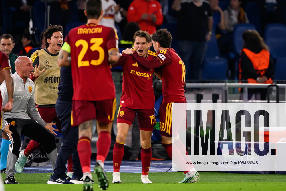 Marten De Roon of AS Roma celebrates with team mates after scoring the goal of 1-0 during the UEFA Champions League 2026 2027 football match between AS Roma and Real Madrid at Stadio Olimpico in Rome (Italy), October 14, 2026. AndreaxStaccioli