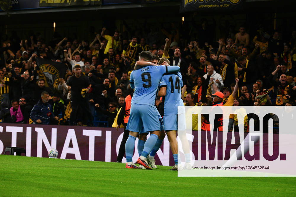 Lovro Majer of AEK Athens celebrates scoring the opening goal with his team mates during the UEFA Champions League 2026 27 League Phase MD2 match between FC Shakhtar Donetsk and AEK Athens at Stamford Bridge on October 14, 2026 in London, England. (Photo by Yaroslav Dunka Sports Press Photo)