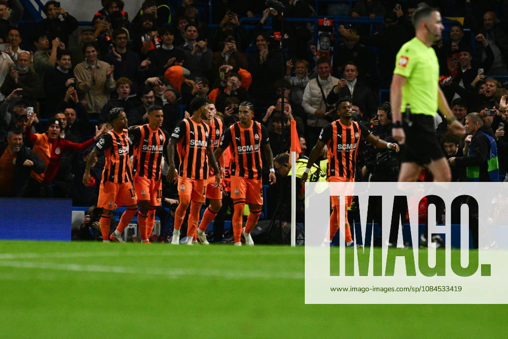 Pedrinho of FC Shakhtar Donetsk celebrates with his team mates after scoring their first goal from the penalty spot during the UEFA Champions League 2026 27 League Phase MD2 match between FC Shakhtar Donetsk and AEK Athens at Stamford Bridge on October 14, 2026 in London, England. (Photo by Yaroslav Dunka Sports Press Photo)