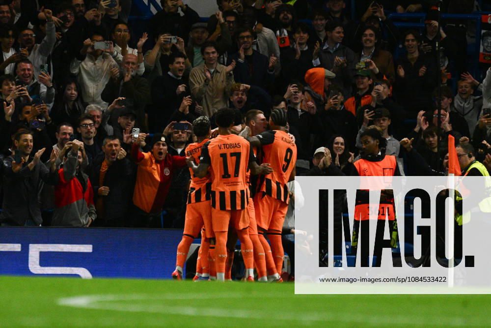 Pedrinho of FC Shakhtar Donetsk celebrates with his team mates after scoring their first goal from the penalty spot during the UEFA Champions League 2026 27 League Phase MD2 match between FC Shakhtar Donetsk and AEK Athens at Stamford Bridge on October 14, 2026 in London, England. (Photo by Yaroslav Dunka Sports Press Photo)