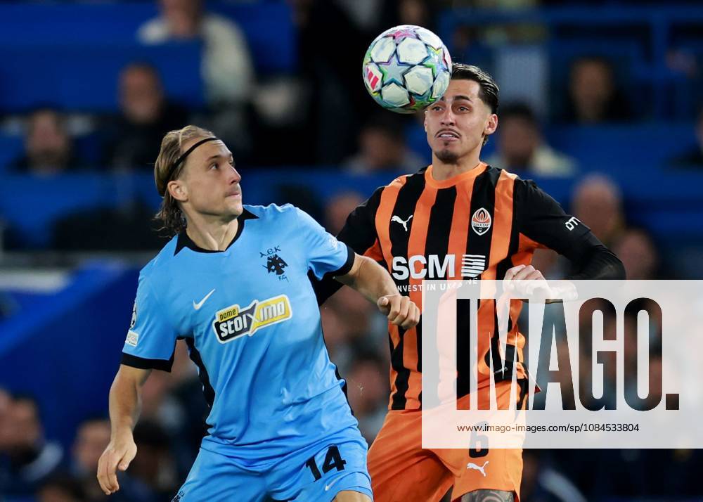 Lovro Majer of AEK Athens in action against Marlon Gomes of Shakhtar Donetsk Shakhtar Donetsk v AEK, UEFA Champions League, Football, Stamford Bridge, London, UK - 14 Oct 2026London Stamford Bridge United Kingdom
