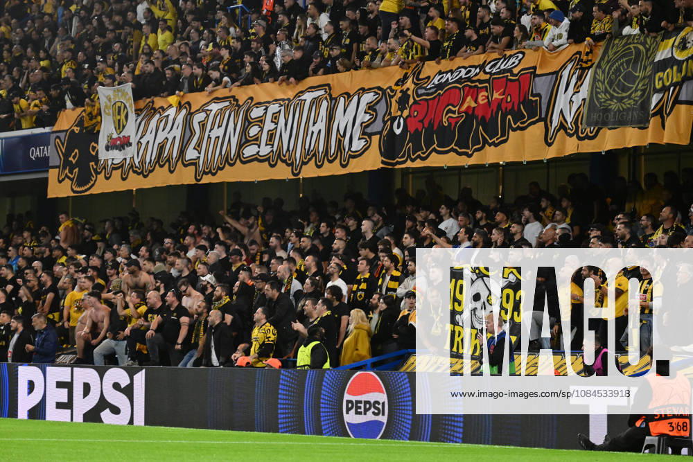 AEK fans during the UEFA Champions League 2026 27 League Phase MD2 match between FC Shakhtar Donetsk and AEK Athens at Stamford Bridge on October 14, 2026 in London, England. (Photo by Yaroslav Dunka Sports Press Photo)