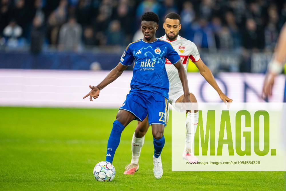 Suleiman Camara with theb all during UEFA Champions league match , SK Slovan Bratislava - VFB Stuttgart , 14. october 2026, Tehelne pole Stadium, Bratislava, Slovakia