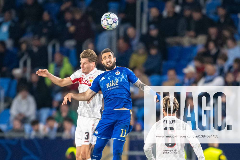 Ramon Hendriks header battle with Tigran Barseghyan during UEFA Champions league match , SK Slovan Bratislava - VFB Stuttgart , 14. october 2026, Tehelne pole Stadium, Bratislava, Slovakia
