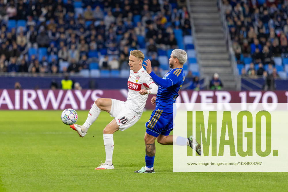Chris Fuhrich of VfB Stuttgart and Cristian Martinez of SK Slovan Bratislava seen during UEFA Champions league League phase game between teams of SK Slovan Bratislava and VfB Stuttgart (Dominika Kortvelyesiova Ball Raw Images) Bratislava Tehelne Pole stadium Slovakia