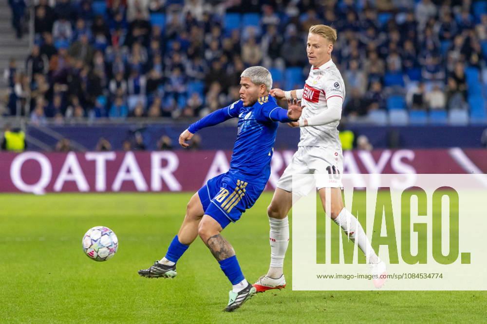 Chris Fuhrich of VfB Stuttgart and Cristian Martinez of SK Slovan Bratislava seen during UEFA Champions league League phase game between teams of SK Slovan Bratislava and VfB Stuttgart (Dominika Kortvelyesiova Ball Raw Images) Bratislava Tehelne Pole stadium Slovakia