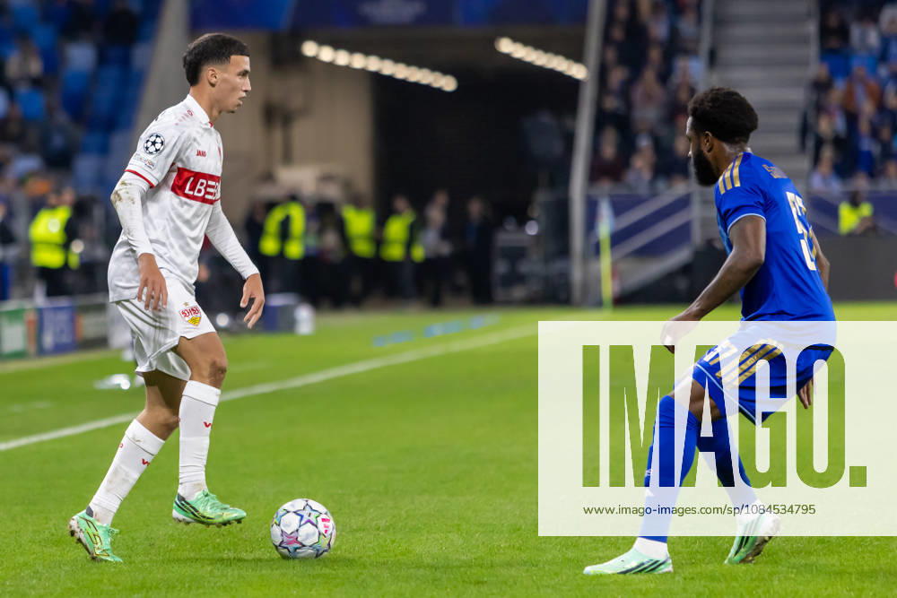 Dženan PejÄinovic of VfB Stuttgart and Sandro Cruz of SK Slovan Bratislava seen during UEFA Champions league League phase game between teams of SK Slovan Bratislava and VfB Stuttgart (Dominika Kortvelyesiova Ball Raw Images) Bratislava Tehelne Pole stadium Slovakia