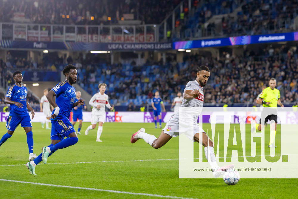 Sandro Cruz of SK Slovan Bratislava and Josha Vagnoman of VfB Stuttgart seen during UEFA Champions league League phase game between teams of SK Slovan Bratislava and VfB Stuttgart (Dominika Kortvelyesiova Ball Raw Images) Bratislava Tehelne Pole stadium Slovakia