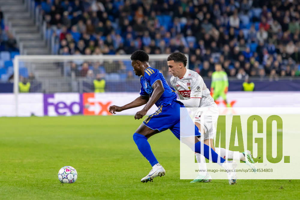 Suleiman Camara of SK Slovan Bratislava and Bilal El Khannouss of VfB Stuttgart seen during UEFA Champions league League phase game between teams of SK Slovan Bratislava and VfB Stuttgart (Dominika Kortvelyesiova Ball Raw Images) Bratislava Tehelne Pole stadium Slovakia