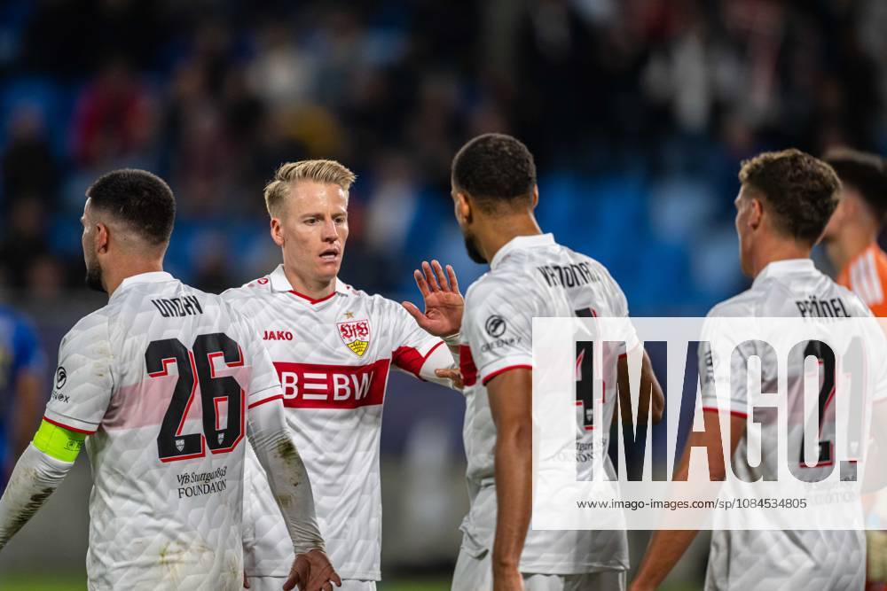 VFB STUTTGART players a goal celebrates during UEFA Champions league match , SK Slovan Bratislava - VFB Stuttgart , 14. october 2026, Tehelne pole Stadium, Bratislava, Slovakia