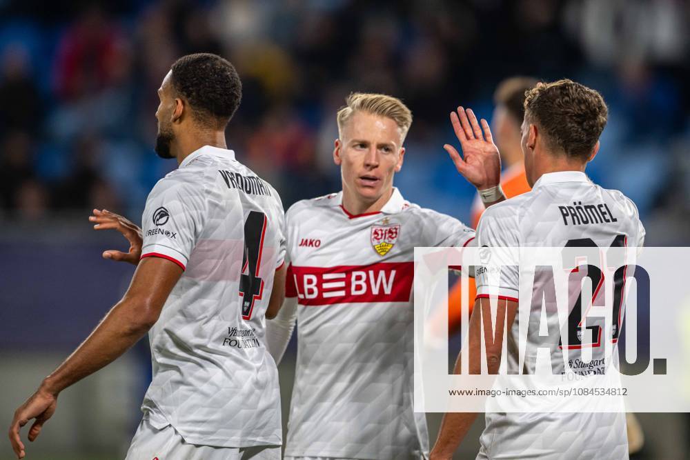 VFB STUTTGART players a goal celebrates during UEFA Champions league match , SK Slovan Bratislava - VFB Stuttgart , 14. october 2026, Tehelne pole Stadium, Bratislava, Slovakia