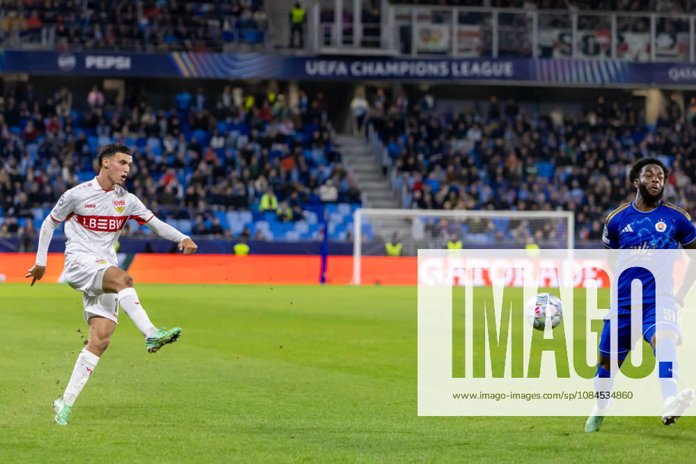 Dženan PejÄinovic of VfB Stuttgart and Sandro Cruz of SK Slovan Bratislava seen during UEFA Champions league League phase game between teams of SK Slovan Bratislava and VfB Stuttgart (Dominika Kortvelyesiova Ball Raw Images) Bratislava Tehelne Pole stadium Slovakia