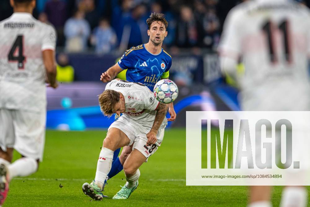 Finn Jeltsch in a battle with Andraz Sporar during UEFA Champions league match , SK Slovan Bratislava - VFB Stuttgart , 14. october 2026, Tehelne pole Stadium, Bratislava, Slovakia
