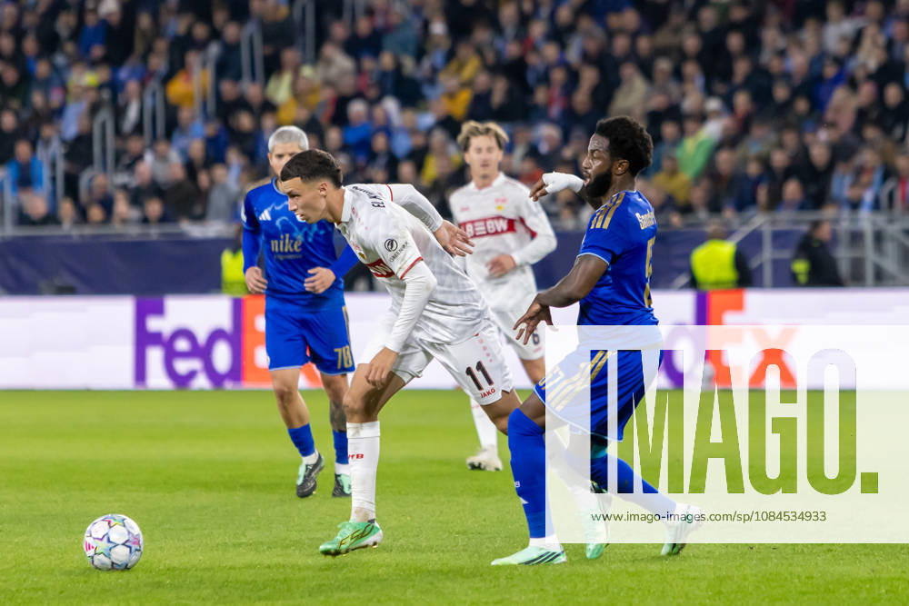 Bilal El Khannouss of VfB Stuttgart and Sandro Cruz of SK Slovan Bratislava seen during UEFA Champions league League phase game between teams of SK Slovan Bratislava and VfB Stuttgart (Dominika Kortvelyesiova Ball Raw Images) Bratislava Tehelne Pole stadium Slovakia