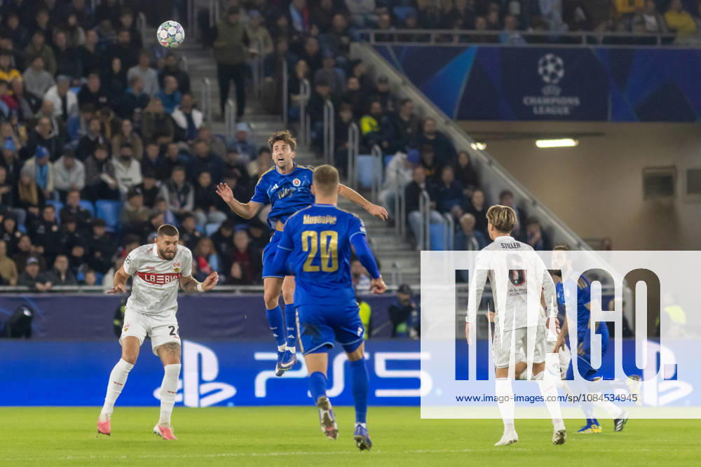Jeff Chabot of VfB Stuttgart and Andraz Sporar of SK Slovan Bratislava seen during UEFA Champions league League phase game between teams of SK Slovan Bratislava and VfB Stuttgart (Dominika Kortvelyesiova Ball Raw Images) Bratislava Tehelne Pole stadium Slovakia
