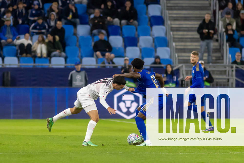 Bilal El Khannouss of VfB Stuttgart and Sandro Cruz of SK Slovan Bratislava seen during UEFA Champions league League phase game between teams of SK Slovan Bratislava and VfB Stuttgart (Dominika Kortvelyesiova Ball Raw Images) Bratislava Tehelne Pole stadium Slovakia