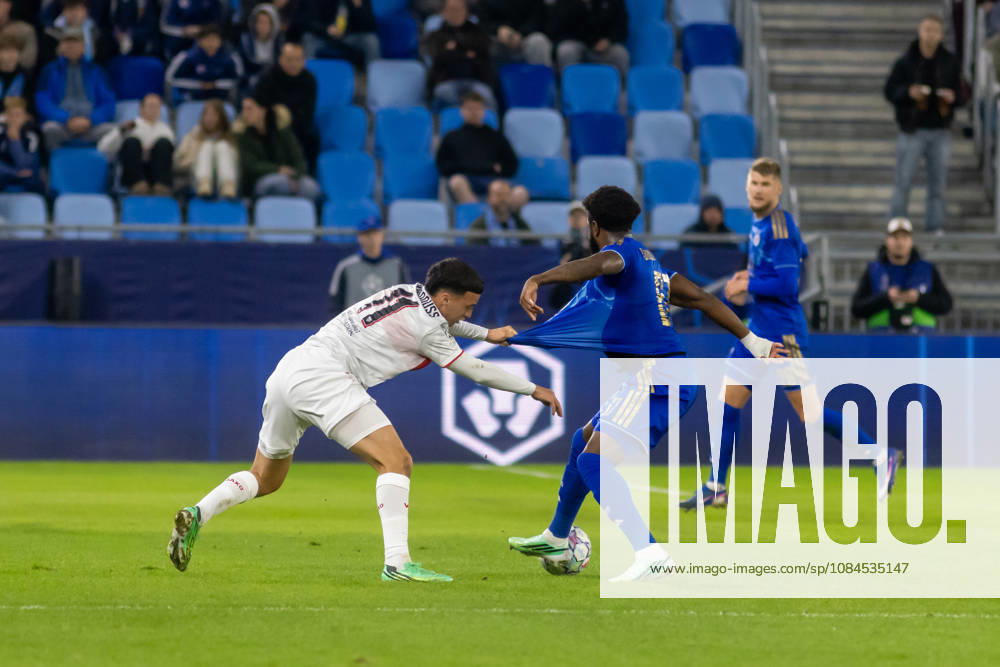 Bilal El Khannouss of VfB Stuttgart and Sandro Cruz of SK Slovan Bratislava seen during UEFA Champions league League phase game between teams of SK Slovan Bratislava and VfB Stuttgart (Dominika Kortvelyesiova Ball Raw Images) Bratislava Tehelne Pole stadium Slovakia