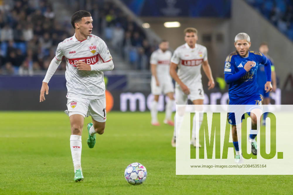 Dženan PejÄinovic of VfB Stuttgart and yy seen during UEFA Champions league League phase game between teams of SK Slovan Bratislava and VfB Stuttgart (Dominika Kortvelyesiova Ball Raw Images) Bratislava Tehelne Pole stadium Slovakia