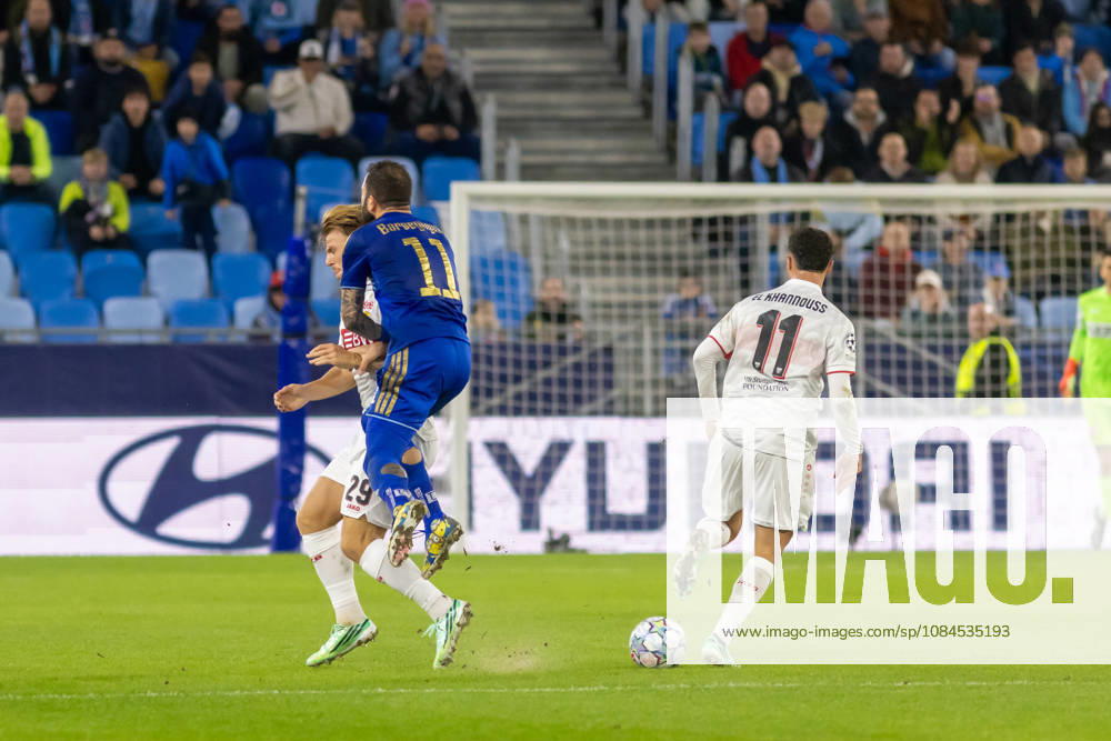 Finn Jeltsch of VfB Stuttgart and Tigran Barseghyan of SK Slovan Bratislava seen during UEFA Champions league League phase game between teams of SK Slovan Bratislava and VfB Stuttgart (Dominika Kortvelyesiova Ball Raw Images) Bratislava Tehelne Pole stadium Slovakia