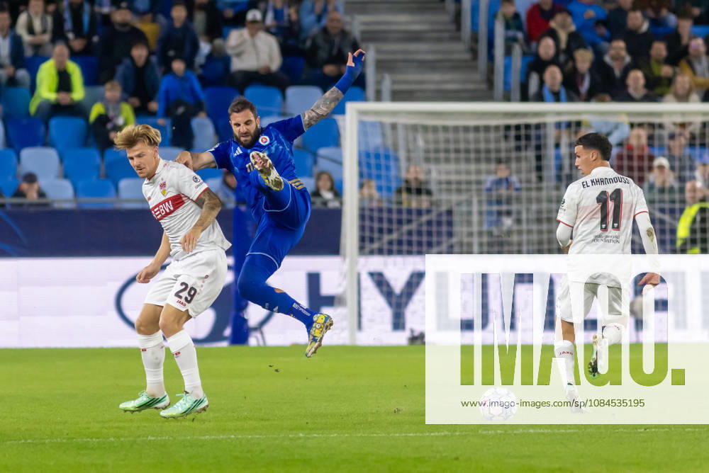 Finn Jeltsch of VfB Stuttgart, Bilal El Khannouss of VfB Stuttgart and Tigran Barseghyan of SK Slovan Bratislava seen during UEFA Champions league League phase game between teams of SK Slovan Bratislava and VfB Stuttgart (Dominika Kortvelyesiova Ball Raw Images) Bratislava Tehelne Pole stadium Slovakia