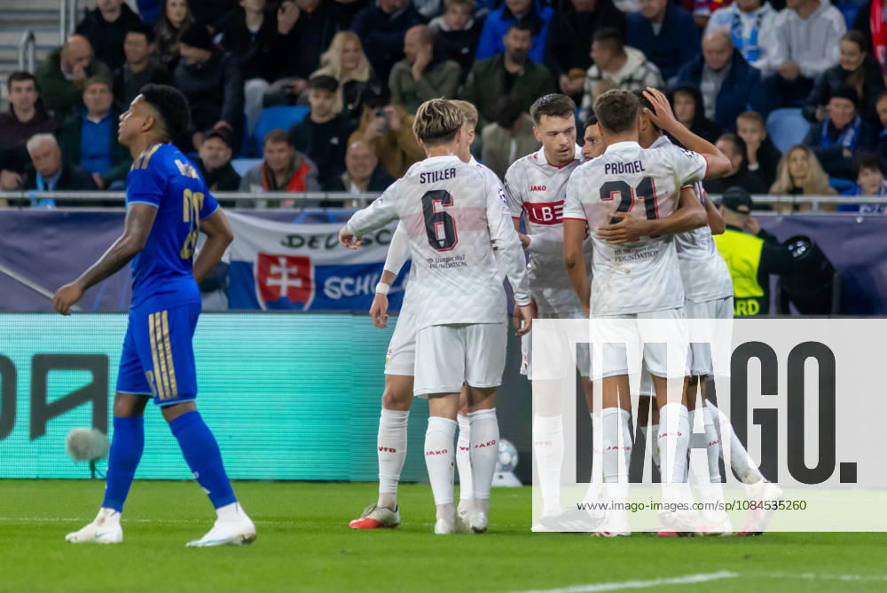 Team VfB Stuttgart seen celebrating a goal during UEFA Champions league League phase game between teams of SK Slovan Bratislava and VfB Stuttgart (Dominika Kortvelyesiova Ball Raw Images) Bratislava Tehelne Pole stadium Slovakia