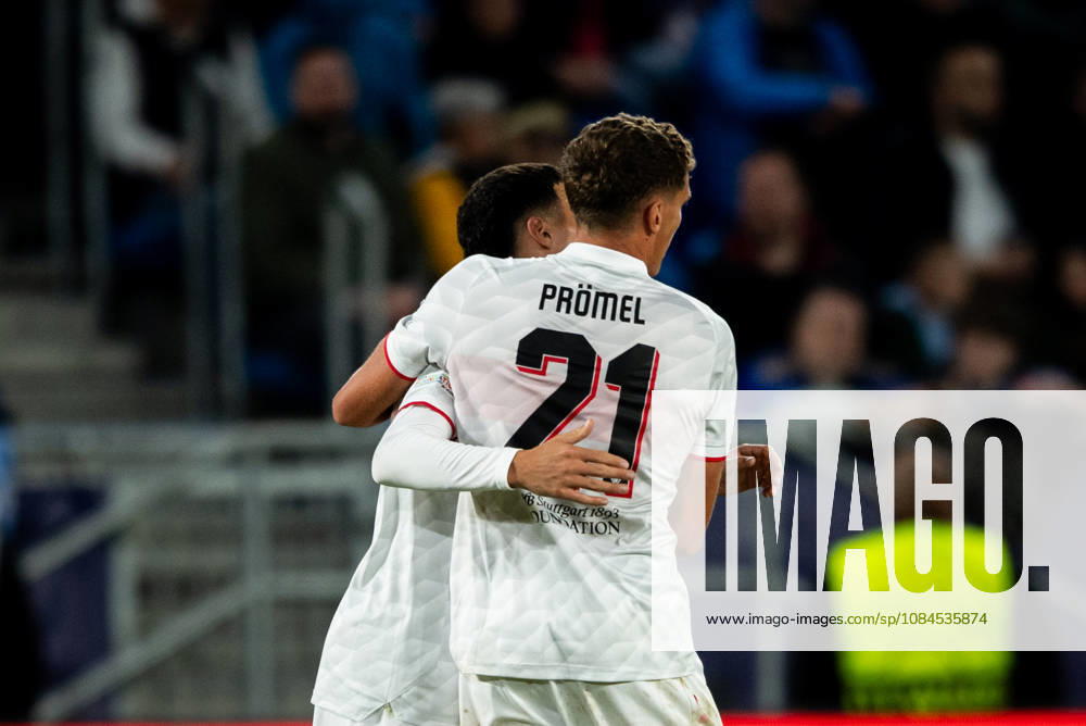 Champions League, 2. Spieltag, Å K Slovan Bratislava vs. VfB Stuttgart im Å tadion Tehelnà pole Narodný futbalový Å¡tadion Tor zum 0:2 hier im Bild Jubel von Grischa Prömel (VfB) und Bilal El Khannouss (VfB) WICHTIGER HINWEIS: Gemäß den Vorgaben des DFB und der DFL ist es untersagt, in dem Stadion und oder vom Spiel angefertigte Fotoaufnahmen in Form von Sequenzbildern und oder videoähnlichen Fotostrecken zu verwerten bzw. verwerten zu lassen.