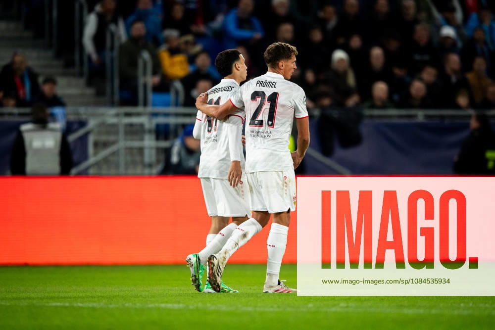 Champions League, 2. Spieltag, Å K Slovan Bratislava vs. VfB Stuttgart im Å tadion Tehelnà pole Narodný futbalový Å¡tadion Tor zum 0:2 hier im Bild Jubel von Grischa Prömel (VfB) und Bilal El Khannouss (VfB) WICHTIGER HINWEIS: Gemäß den Vorgaben des DFB und der DFL ist es untersagt, in dem Stadion und oder vom Spiel angefertigte Fotoaufnahmen in Form von Sequenzbildern und oder videoähnlichen Fotostrecken zu verwerten bzw. verwerten zu lassen.