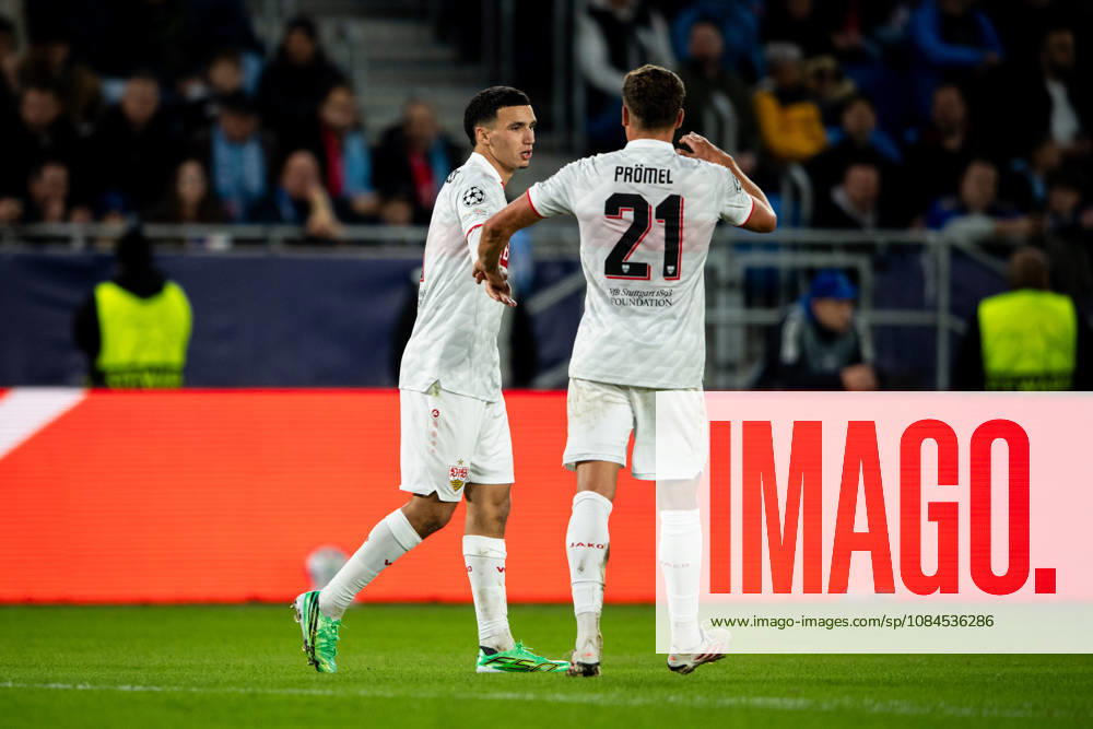 Champions League, 2. Spieltag, Å K Slovan Bratislava vs. VfB Stuttgart im Å tadion Tehelnà pole Narodný futbalový Å¡tadion Tor zum 0:2 hier im Bild Jubel von Grischa Prömel (VfB) und Bilal El Khannouss (VfB) WICHTIGER HINWEIS: Gemäß den Vorgaben des DFB und der DFL ist es untersagt, in dem Stadion und oder vom Spiel angefertigte Fotoaufnahmen in Form von Sequenzbildern und oder videoähnlichen Fotostrecken zu verwerten bzw. verwerten zu lassen.