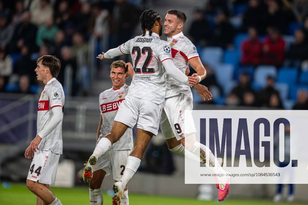 VFB Stuttgart players a goal celebrates during UEFA Champions league match , SK Slovan Bratislava - VFB Stuttgart , 14. october 2026, Tehelne pole Stadium, Bratislava, Slovakia