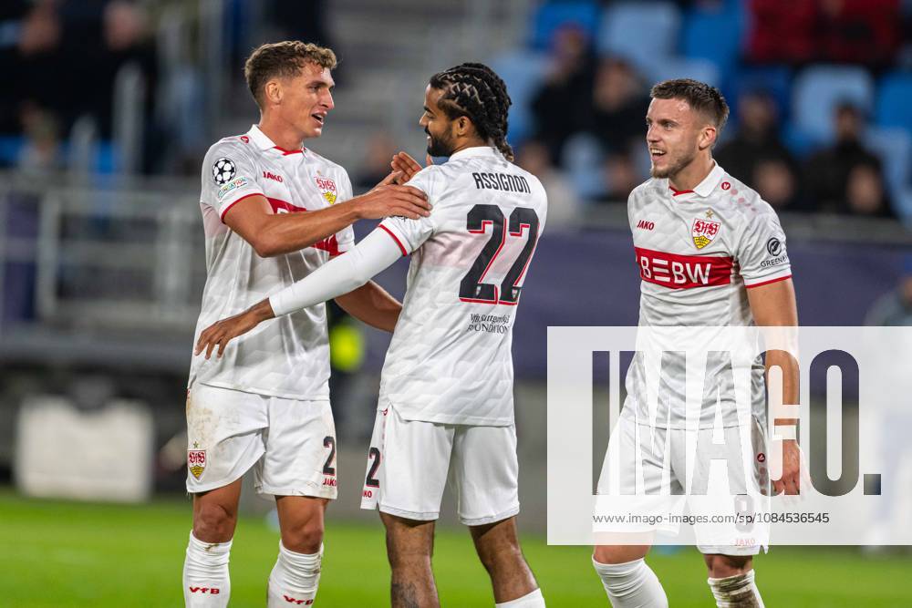 VFB Stuttgart players a goal celebrates during UEFA Champions league match , SK Slovan Bratislava - VFB Stuttgart , 14. october 2026, Tehelne pole Stadium, Bratislava, Slovakia