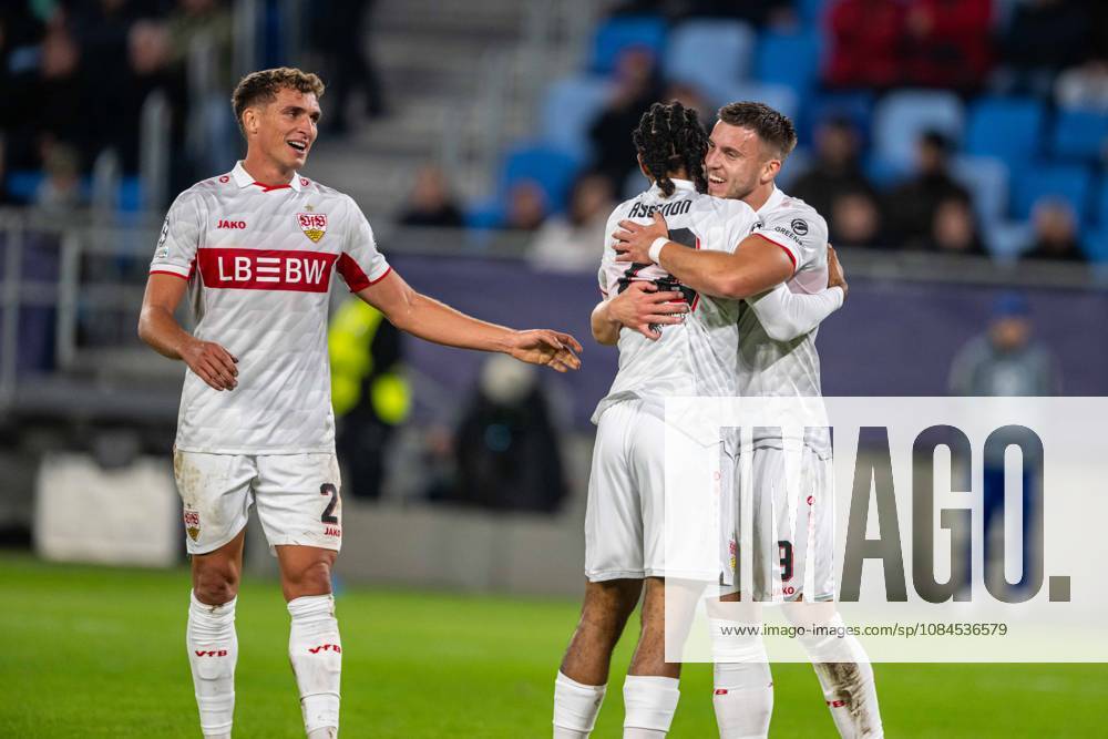 VFB Stuttgart plaers a goal cele brates during UEFA Champions league match , SK Slovan Bratislava - VFB Stuttgart , 14. october 2026, Tehelne pole Stadium, Bratislava, Slovakia