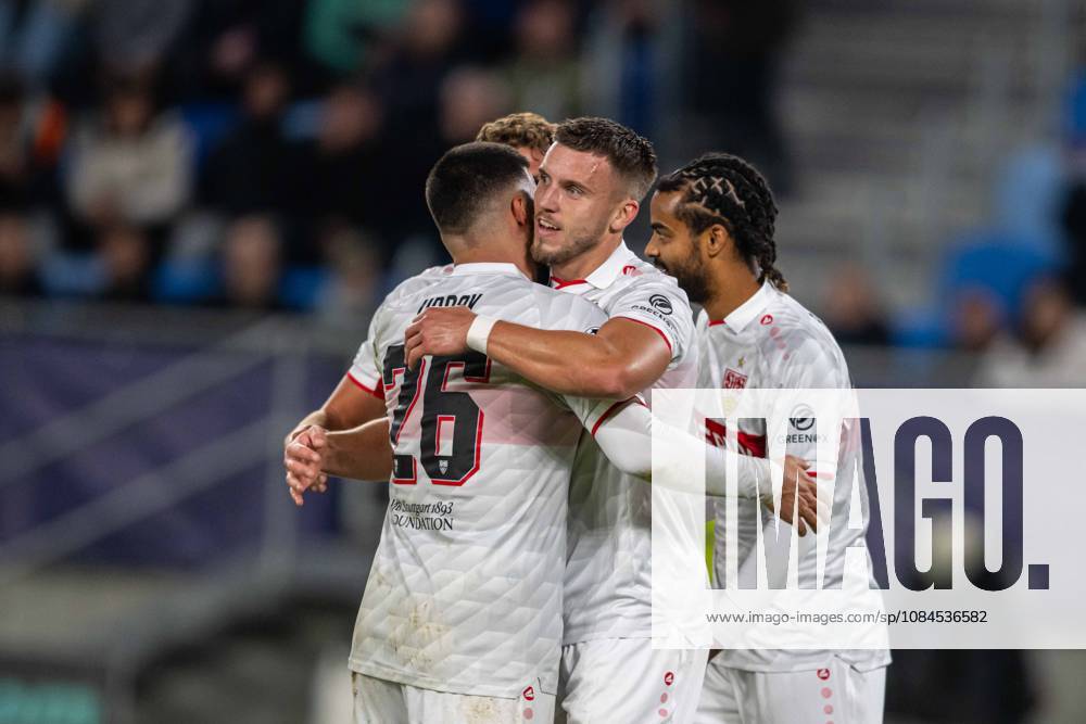 VFB Stuttgart plaers a goal cele brates during UEFA Champions league match , SK Slovan Bratislava - VFB Stuttgart , 14. october 2026, Tehelne pole Stadium, Bratislava, Slovakia
