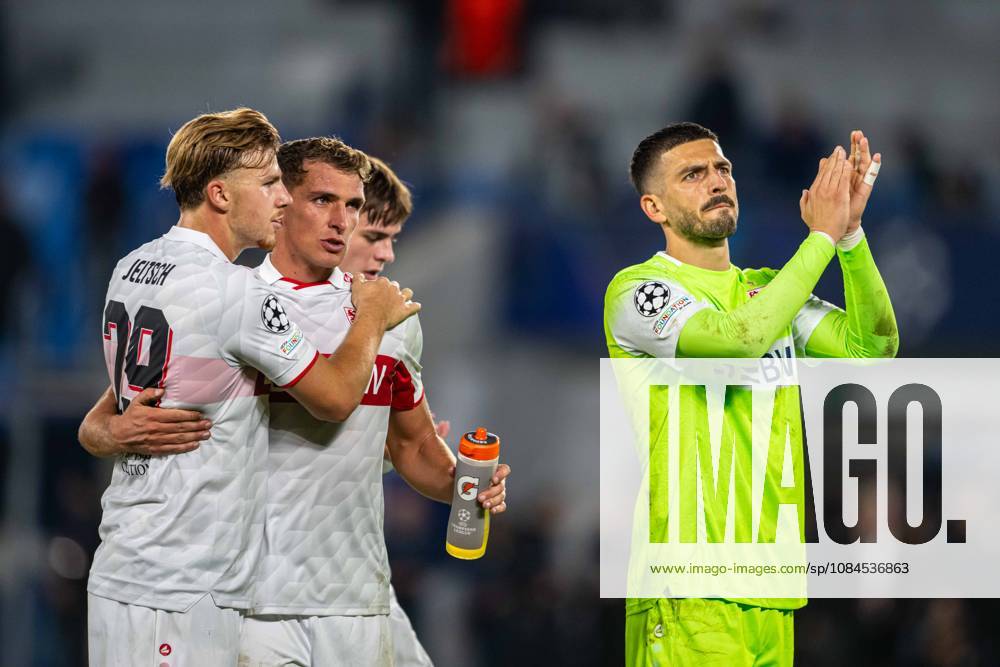 VFB Stuttgart players a win celebrates during UEFA Champions league match , SK Slovan Bratislava - VFB Stuttgart , 14. october 2026, Tehelne pole Stadium, Bratislava, Slovakia
