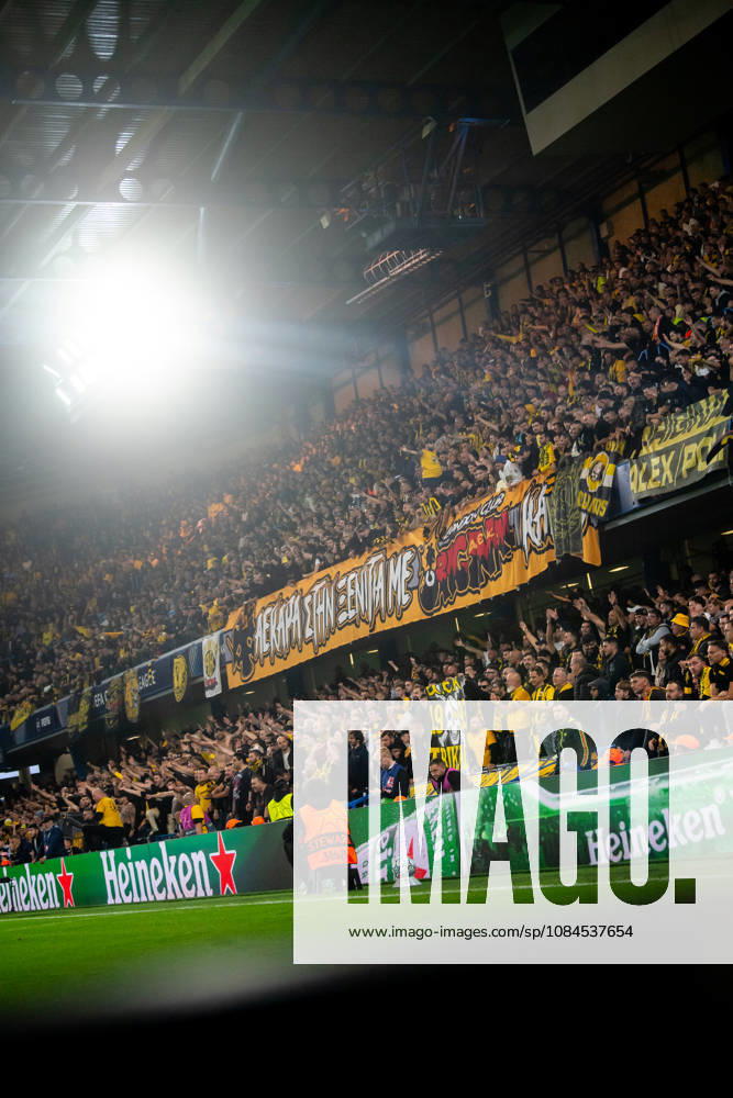 AEK fans seen during UEFA Champions League 2026 2027 league phase game between teams of FC Shakhtar Donetsk and AEK Athens FC (Jacek Prondzynski Ball Raw Images) London England, United Kingdom, London Great Britain