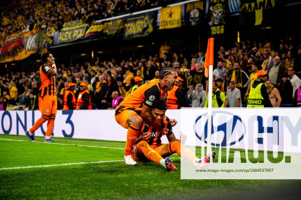 Kaua Elias Vinicius Tobias goal celebration seen during UEFA Champions League 2026 2027 league phase game between teams of FC Shakhtar Donetsk and AEK Athens FC (Jacek Prondzynski Ball Raw Images) London England, United Kingdom, London Great Britain
