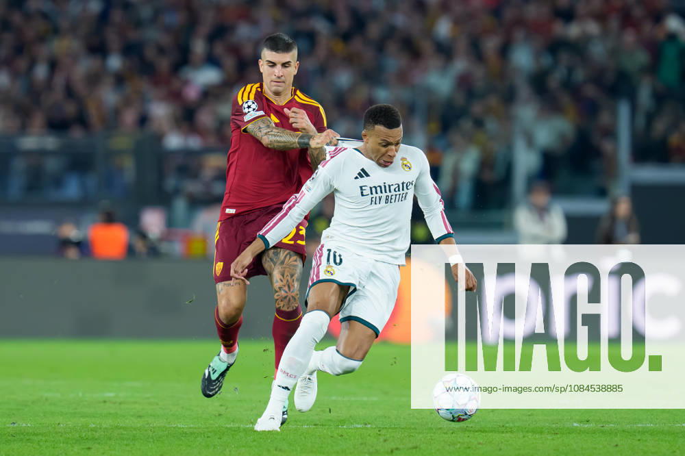 AS Roma v Real Madrid C.F. - UEFA Champions League 2026 27 League Phase MD2 Kylian Mbappe of Real Madrid CF and Gianluca Mancini of AS Roma compete for the ball during the AS Roma v Real Madrid C.F. - UEFA Champions League 2026 27 League Phase MD2 at Stadio Olimpico on October 14, 2026 in Rome, Italy Rome Stadio Olimpico Lazio Italy