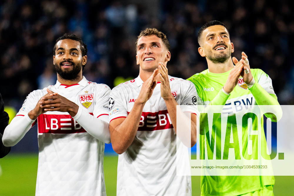 Champions League, 2. Spieltag, Å K Slovan Bratislava vs. VfB Stuttgart im Å tadion Tehelnà pole Narodný futbalový Å¡tadion Fabian Bredlow (VfB) mit Lorenz Assignon (VfB) und Grischa Prömel (VfB) WICHTIGER HINWEIS: Gemäß den Vorgaben des DFB und der DFL ist es untersagt, in dem Stadion und oder vom Spiel angefertigte Fotoaufnahmen in Form von Sequenzbildern und oder videoähnlichen Fotostrecken zu verwerten bzw. verwerten zu lassen.